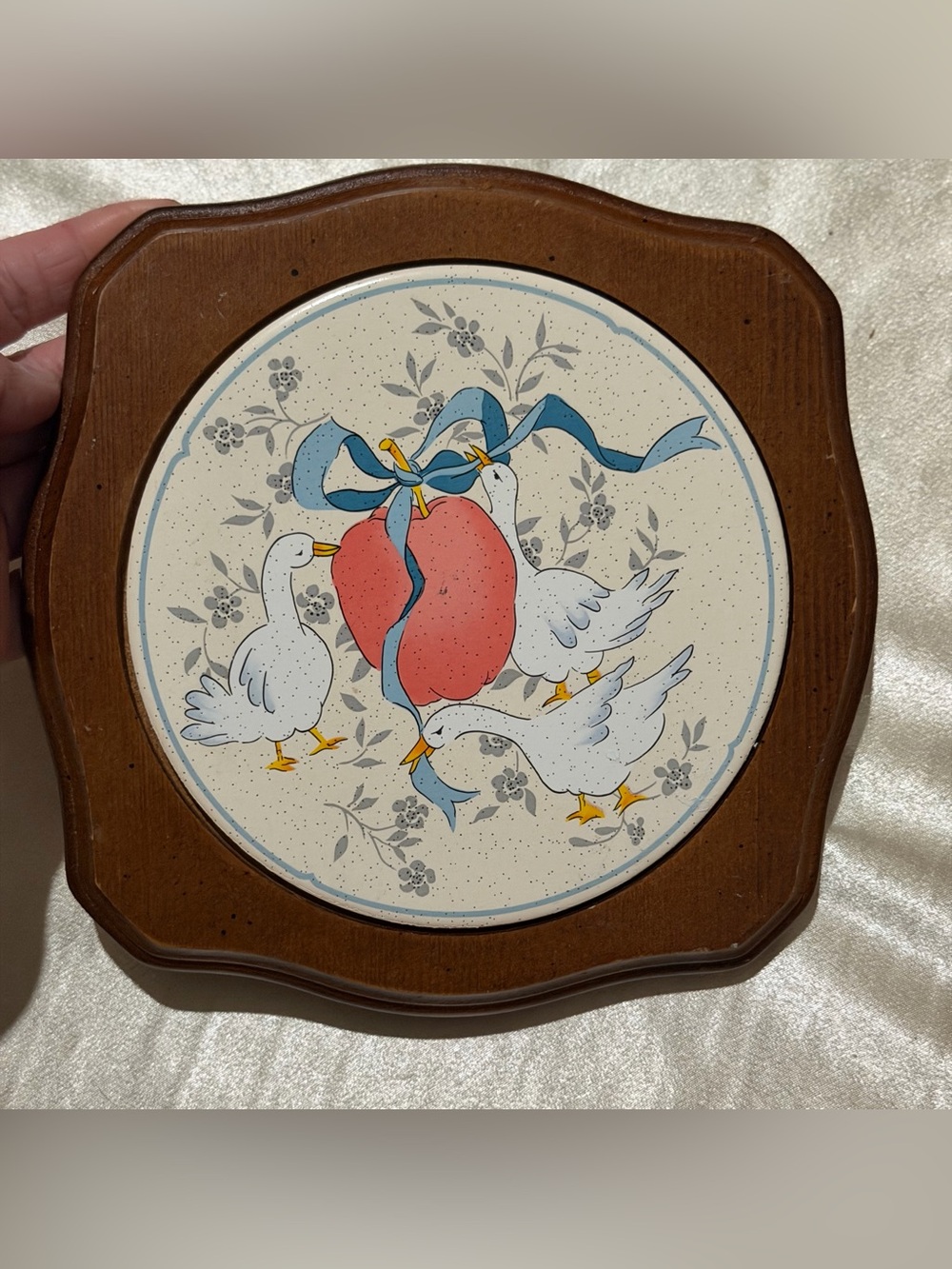 Vintage 1980s Marmalade Goose Ceramic & Wood Trivet Hot Plate Wall Hanging